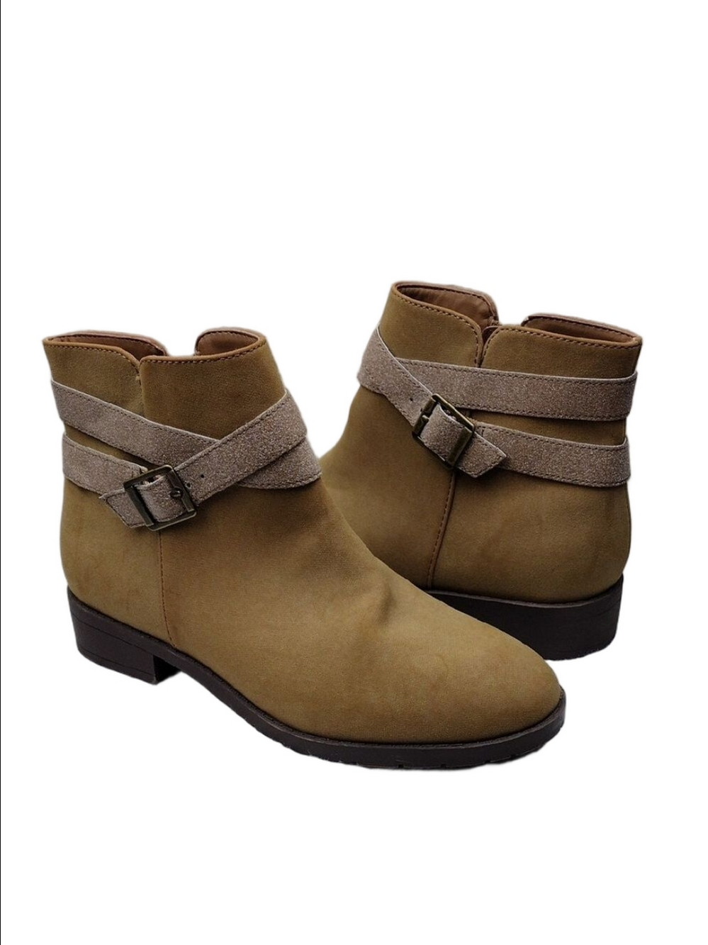 Lands' End Brown Suede Leather Dual Buckle Strap Almond Toe Side Zip Ankle Boot